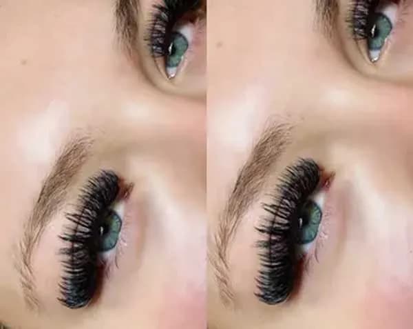 Close-up of freshly filled lash extensions on green eyes, shown from two close angles.