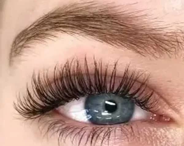 Close-up of a hybrid volume lash extension set on a grey-blue eye.